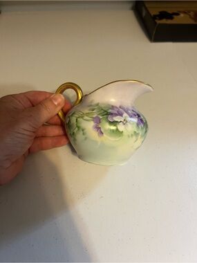 Vintage Hand-Painted Floral Porcelain Creamer in Green and Purple